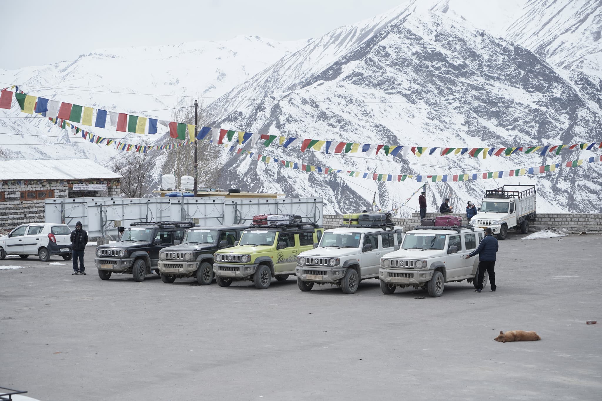 MountainBea 4x4 SUV fleet parked in snow-covered Spiti Valley during winter expedition