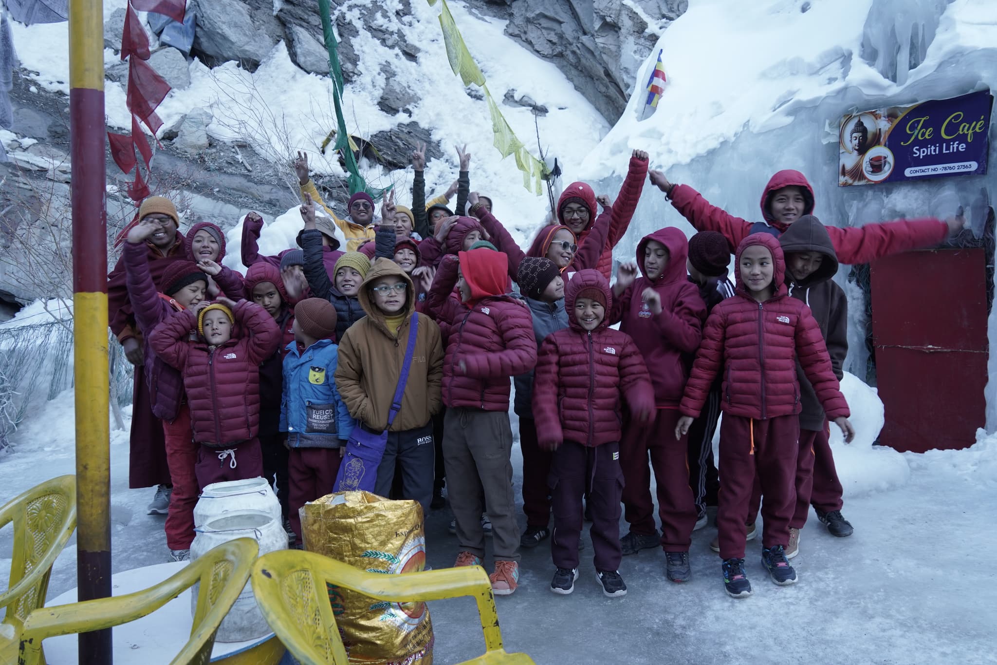 Ice Cafe Kaza — Spiti Valley children and tourists at sub-zero cafe, MountainBea winter expedition